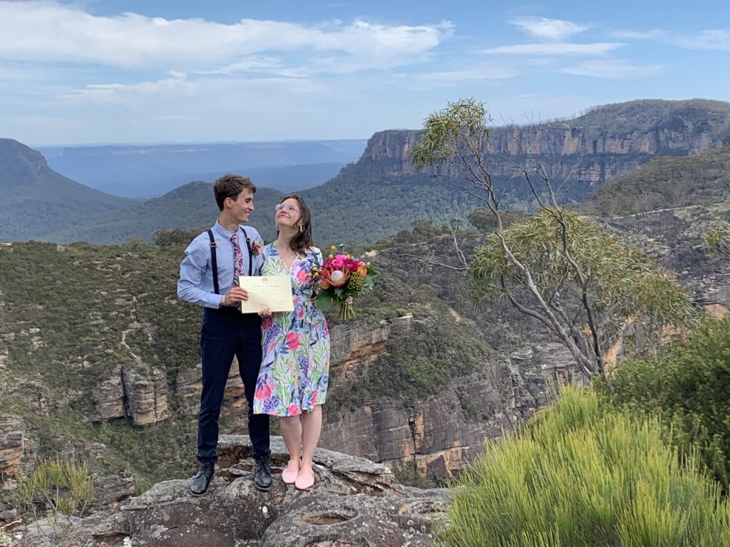 Couple after their ceremony at a Blue Mountains clifftop lookout